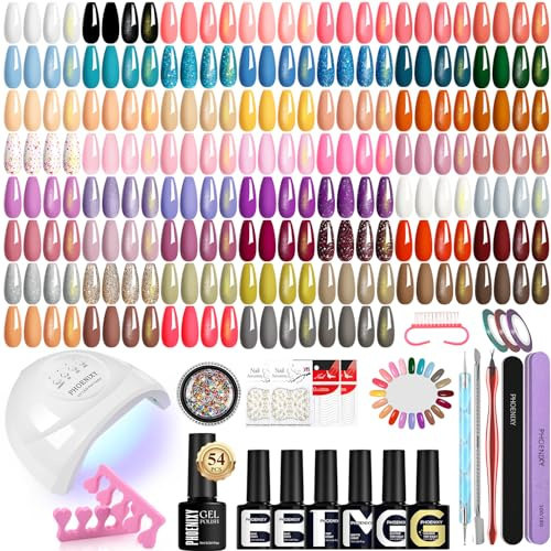 Phoenixy 60 PCS Kit Ongle Gel U V Complet avec 48W Lampe U V 54 Couleurs Kit Vernis Semi Permanent avec Base Top Coat Kit de Manucure pour Débutants Cadeaux pour Femmes