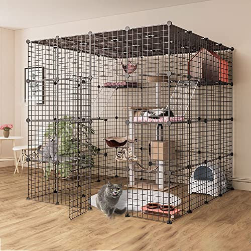 GHKFEJGDEN Laufstall für Katzen, Katzenkäfig, Katzentüren, Gehege und Stufen, Katzenhütte, Zwinger aus Metalldraht, großer Auslauf, ideal für 1–3 Katzen