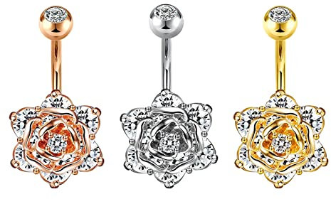Epinki Piercing Schmuck, 3stk Piercings Set, Edelstahl Nabelpiercing Blumen Bananabell Piercing mit Anhänger Zirkonia Körperschmuck, Tricolor