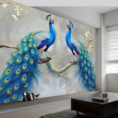 Générique Art Papier Peint Intissé Peinture À L'Huile Style Animal Paon, Style Rétro Papier Peint Photo 250 x 175 cm (L x H), pour Fresque Murale 3D HD pour Salon Chambre Cuisine