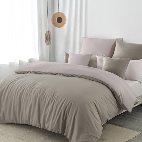 Nesture Juego de ropa de cama de 200 x 220 cm, 3 piezas, color topo/beige, de microfibra, reversible, suave y no necesita planchado, 1 funda nórdica y 2 fundas de almohada de 80 x 80 cm con cremallera