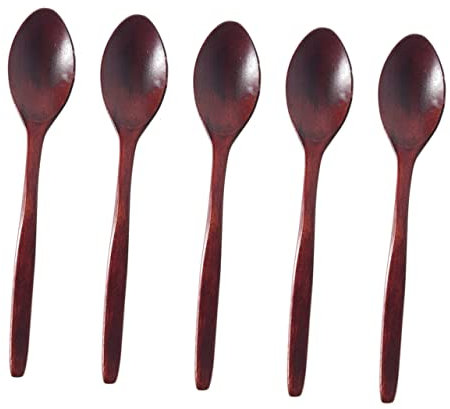 Amosfun 5 Pcs 18cm Wooden Soup Spoons Long Curved Handle Household Wood Spoon Set for Kitchen Cooking and Dining