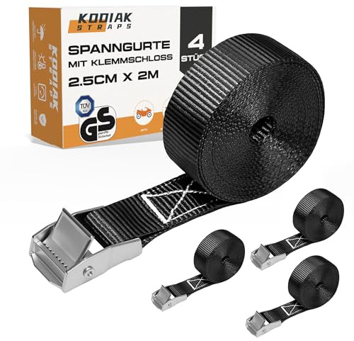 4 Stück Spanngurte 2mx 250kg mit Klemmschloss - 25mm Zurrgurte für Fahrrad - Gepäck & Transport - TÜV/GS geprüft nach DIN EN 12195-2 - KODIAK STRAPS