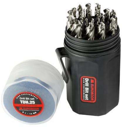 Euroboor TDH.25 HSS-G Spiralbohrer Set, 25-teilig, 118° Spitzenwinkel, 3-Flach-Schaft für optimale Kraftübertragung, schnelle Spanabfuhr, ideal für Metall und Stahl