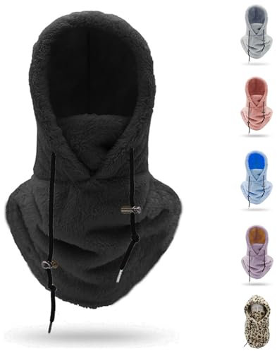 Warme Plüsch Fahrradhaube Skimaske Sherpa Kapuzenschal Winddicht Verstellbar Fleece Winter Gesichtsmaske Skifahren Reiten Fleece Mütze Schal (DE/NL/SE/PL, Alphanumerisch, Einheitsgröße, Schwarz)