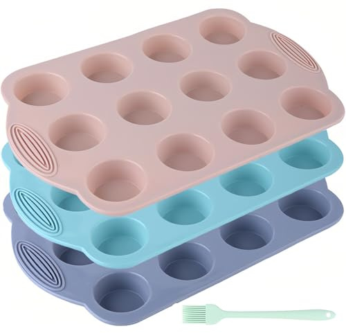 Annewbin 3 Stück Mini Muffinform Silikon für 12er, Muffinform Blech 12er BPA frei,Antihaftbeschichtung Muffin Form,Antihaft Muffinblech Silikon,Cupcake Muffin backform