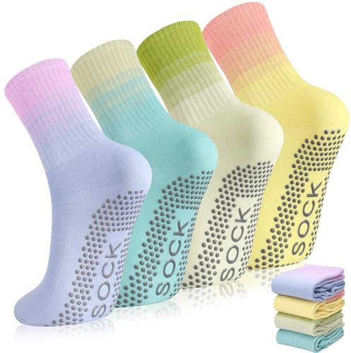 Utensilsto Pilates Socks Yoga Socks Women, 4 Pairs Non-Slip Socks Stopper Socks Cotton Socks Colourful Women for Pilates, Yoga, Barre, Trampoline, Fitness, Colourful, One Size