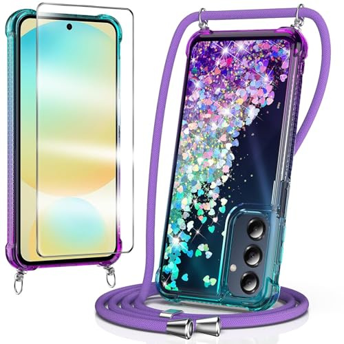 WQRTYJK Handyhülle für Samsung Galaxy A56 Hülle mit Band, Blau/Violett | 1*Stück Schutzfolie,Glitzer Transparent Weich Silikon,Necklace Schutzhülle,Flüssigkeit Treibsand,zum Umhängen Kordel,Mädchen