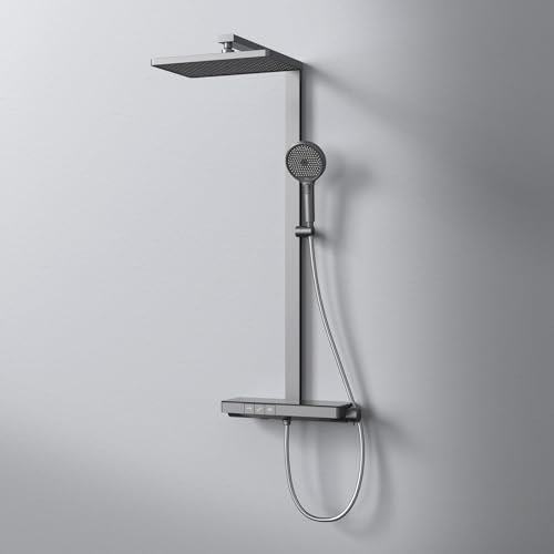 EMKE Thermostatische Duschsäule, Regendusche mit Handbrause 4-in-1, Duschstange mit Thermostatplatte von 40 cm, Thermostatische Regendusche, mattes Anthrazit, 1050 x 401 x 573 mm