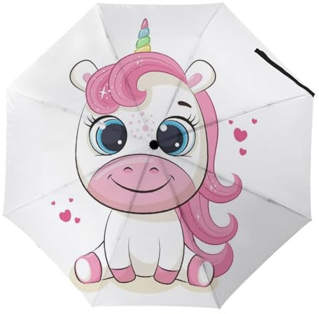 YBQLNP Automatischer Regenschirm Niedliches Einhorn Taschenschirm Winddicht Sturmfest Für Herren Damen Teenager