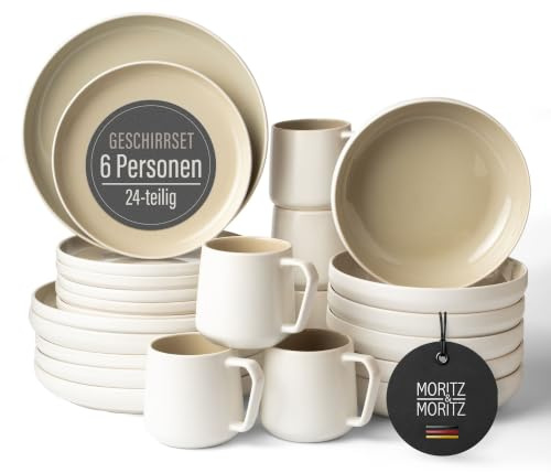 Moritz & Moritz Steingut Geschirrset 6 Personen mit Tassen 24-tlg. - Modernes Tafelservice in der Farbe Sand - Pflegeleichtes Kombiservice mit Teller Set, Schüsseln & Tassen - Serie Cavo