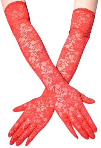 Rot Spitzenhandschuhe Rote Lang Handschuhe Spitze 80er Spitzen Lange Blumenhandschuhe Halloween Handschuhe Damen Elegant für 1920er Jahre Teeparty Hochzeit Braut Cosplay Karneval Opera Zubehör