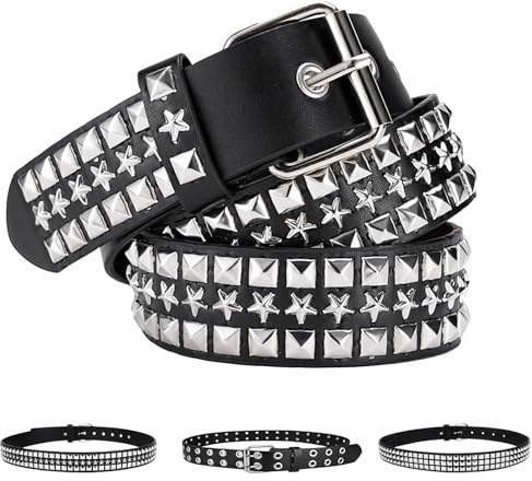 AUNGCSHE Cintura Borchie Punk, Punk Rock Cintura Donna per Donne Uomini, 110 CM e 120 CM, per Jeans, Pantaloni, Rockwear Gotico, Accessori Punk (Stella a scacchi, 110)