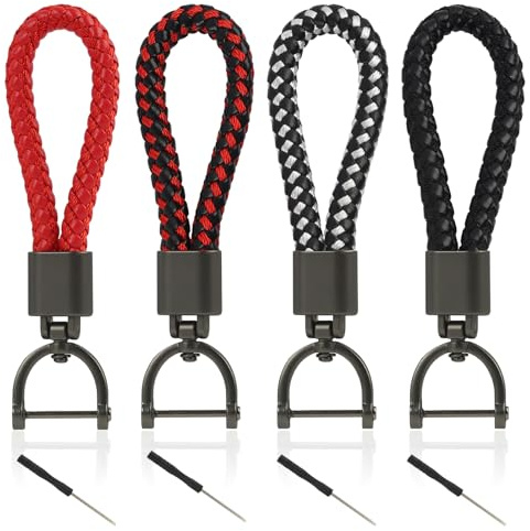 Lunpoem 4PCS Schlüsselanhänger für Auto Motorrad, Schlüsselanhänger Auto, Geflochtenes Leder Schlüsselband mit D-Ring, Car Keychain für Autoschlüssel und Motorradschlüssel inklusive Schraubendreher