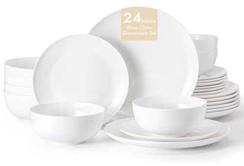 KINGSTONE Bone China Dinnerware Sets, 24-Piece Dinnerware Set for 8, Lightweight Durable, Microwave and Dishwasher Safe, Tableware for Daily Use with Elegant Design, White