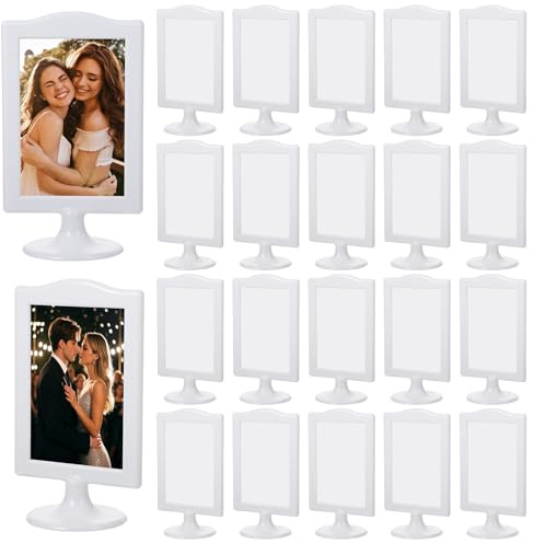 20PCS Double Sided Standing Picture Frames 4 x 6 Pedestal Plastic Standing Picture Frames Bulk White Double Sided Photo Frame Tabletop Vertical Display for Christmas Banquet Table Number Menu Wedding