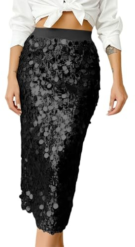 Pailletten Rock Damen Glitzer Rock mit Futter Elastische Taille Pailletten Rock Midi Bleistiftrock für Bankette und Partys
