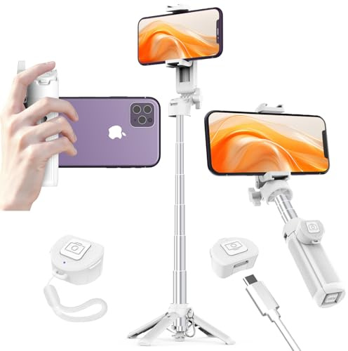 VYVIYON Mini Selfie Stick Stativ, Ausziehbarer Selfie Stick & Handy Stativ | 43CM Handy Stativ mit Kabelloser Bluetooth-Fernbedienung, Kompatibel mit iPhone Samsung – Ideal für Vlog/Video/Travel Weiß