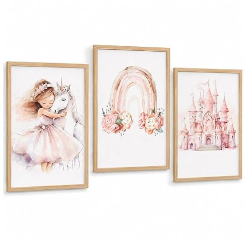 FENGQQKJ Bilder Kinderzimmer Mädchen, 3-Teiliges Rosa Poster 30x40cm, Prinzessin Einhorn Schloss Regenbogen Mädchen Deko, für Kinderzimmer Bilder, Wanddeko(Ohne Rahmen)