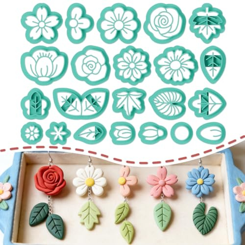 ORIGACH 22 Stück Polymer Ton Ausstecher, Blumen- und Blättermotive Schneider Zur Herstellung von Ohrringen Geometrische Ton Ausstecher Mit Transparenter Aufbewahrungsbox