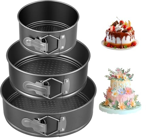HONYUET 3-teiliges Springform Set, Runde Antihaft Kuchenformen Carbonstahl Schwarz mit auslaufsicherem Verschluss, für Backen, Käsekuchen und Geburtstagstorten (14/18/22 cm)