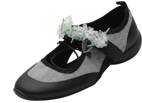Women's Sporty Mary Jane Shoes Floral Strap Ballet Flats Breathable Mesh Walking Sneakers for Daily Casual Wear Black Grey (Black Gray,8.5)