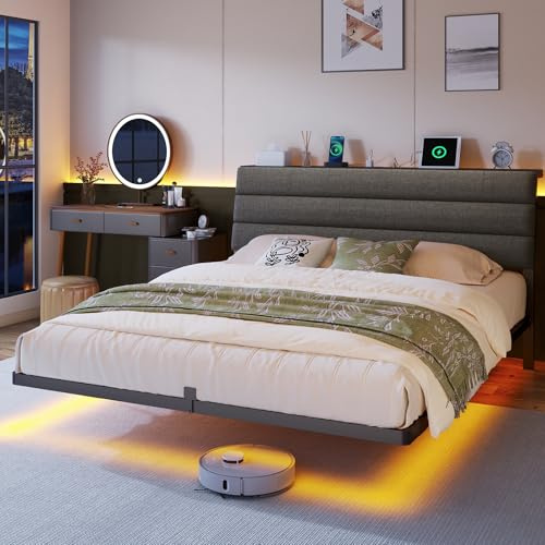 STHYTON Letto Sospeso 160 x 200 cm con Luci LED, Testiera Contenitore con Stazione di Ricarica, Letto Piattaforma Imbottito con Struttura in Metallo Rinforzata, Grigio Scuro