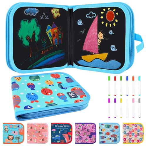 Funkprofi Malbuch für Kind mit 12 Stiften, Reisespiele Kind, Graffiti-Zeichenbrett, Graffiti-Buch, Wiederverwenderbar, Tragbar, Abwischbar, 14 Seiten