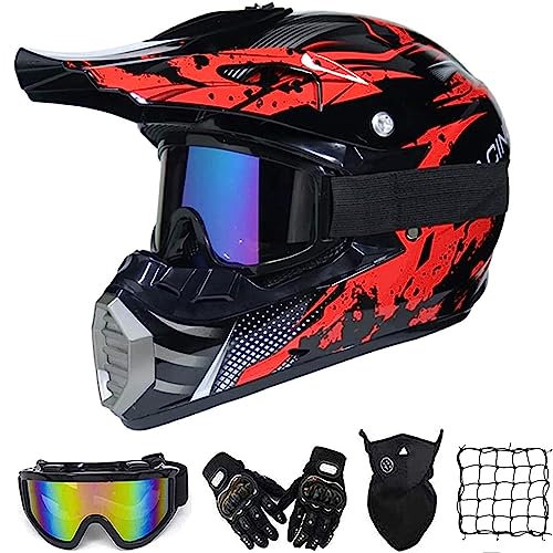 MRDEAR Motocross Enduro Helm Set mit Brille Handschuhe Maske Motorrad Netz, Motorrad Crosshelm Herren Mopedhelm Motorradhelm für Off Road ATV Downhill MTB, Schwarz Rot,M