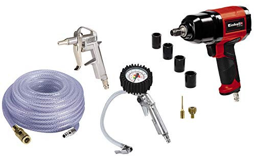 Original Einhell 10-tlg. Druckluftzubehörset (Kompressor-Zubehör, inkl. Druckluft-Schlagschrauber, Ausblaspistole, Reifenfüller, Druckluftschlauch & div. Adapter)