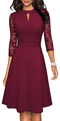HOMEYEE Women's Elegant Hollow Out Lace Sleeve Swing Pleated Party Cocktail Dress A234