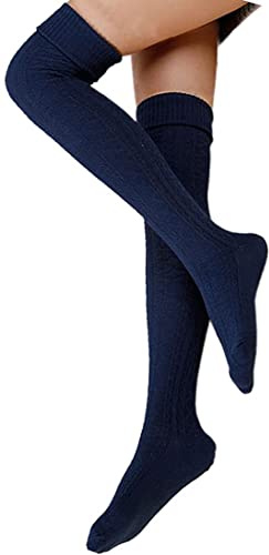 FGFD&OU Calze da Donna Sopra il Ginocchio Calzini Cotone Invernali Termici Lunghe Calzettoni a Maglia Calze di Coscia Retro per Ragazze e Donne (Blu)