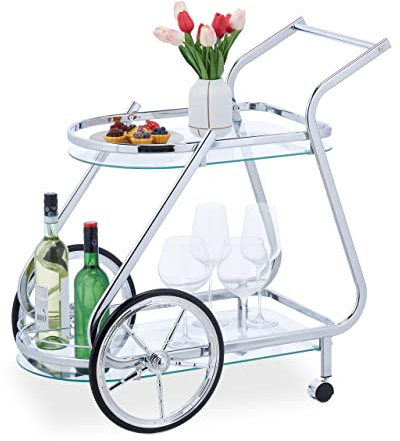Relaxdays Servierwagen, mit Rädern & Rollen, 2 Etagen, Glas & Chrom, HBT: 76x76x46 cm, Küchenwagen, transparent/Silber