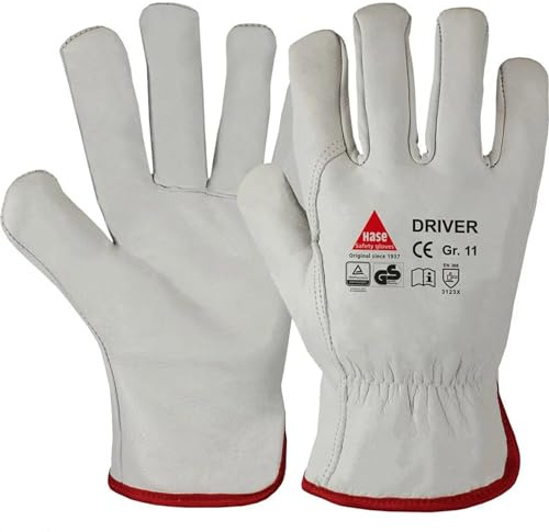 Hase Safety Driver Universeller Arbeitshandschuh mit hohem Komfort für Innen- und Außenbereiche, Qualitäts-Rindnappaleder, Gummizug im Handrücken (12, 10)
