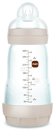 MAM Anti-Colic Bottle, 2-4 Months, 260 ml, with Teat 2 Medium Flow Silicone Easy Acceptance, Self-Sterilizable and Easy to Clean, Easy Start Anti-Colic, Neutral Matt, Pack of 1