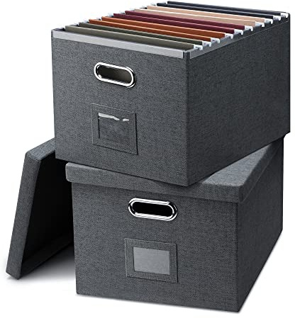 Graciadeco Arrangörslåda, hopfällbar förvaringsfyllningslåda med lock för brev laglig storlek hängande mappar dekorativ linne fil mapp låda dokument förvaring papperskorg, mörkgrå 2-pack
