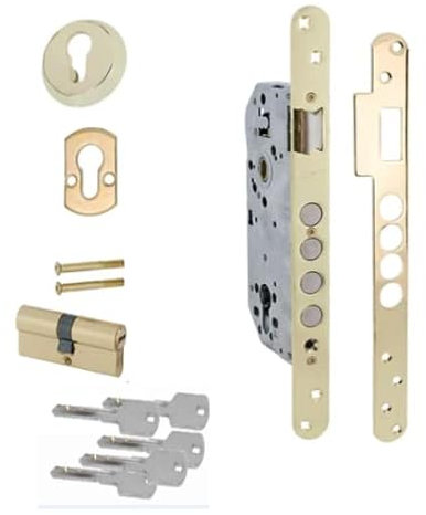 AZERODESIGN-Cerradura Embutir-Cerradura Seguridad-4 Bulones -Cerradura Exterior Puerta-Canto Redondeado-Cerradura Puerta-5 Llaves Incluidas-Orificio de Entrada de 50mm-Dorado