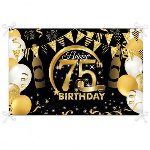 PLATEYTR 75 Años Decoración de Fiesta de Cumpleaños75 Años Fondo de Cumpleaños de Oro Negr,75 Años Banner de Fondo de Feliz Cumpleaños,Póster de Tela Cartel Extra Grande