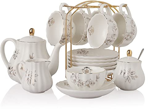 Porcelain Tea Sets British Royal Series, 8 OZ Cups & Saucer Service for 6, with Teapot Sugar Bowl Cream Pitcher Teaspoons and Tea Strainer, Suitable for High Tea, Wedding, Party（Morning glory）
