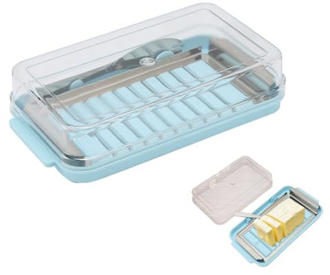 Plato de mantequilla con tapa para encimera, recipiente para mantequilla Platos de mantequilla Mantequilla con cuchillo de acero inoxidable para cortar mantequilla(Azul)