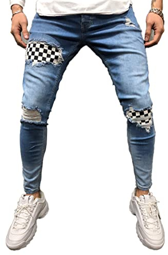 Osheoiso Vaqueros Rasgados de Hombre Skinny Denim Jeans Vintage Pantalone con Cremallera Jóvenes Moda Elasticos Agujero Pantalón Largo Vaqueros Ajustados F Azul Claro XL