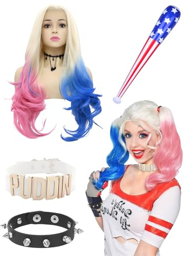 BIQIQI Quinn Kostüm Cosplay Perücke, Quinn Perücke mit Choker Puddin de Quinn Halskette Armband Aufblasbarer Stick Cosplay Zubehör Perücke für Damen Mädchen Halloween Karneval Cosplay