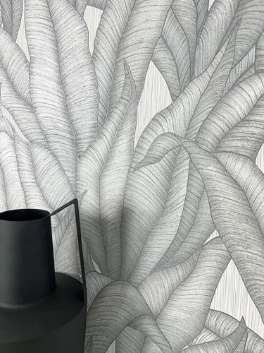 Newroom Vliestapete Silber Dschungeltapete Modern Tropisch Wohnzimmer | Glamouröse Blätter in silbergrauen Kontrasten, metallischer Glanz, Mustertapete für Schlafzimmer, Flur, Büro