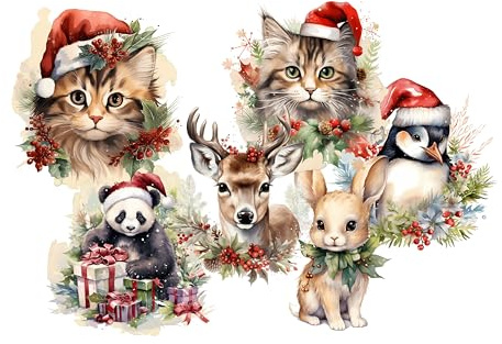 wolga-kreativ Aufkleber Sticker Geschenkaufkleber Weihnachten Advent Weihnachtssticker Etiketten 4 Blätter Katze Reh Weihnachtstiere selbstklebend für Geschenke