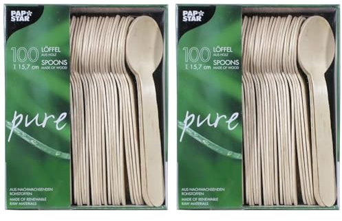 (100 Stück) Länge 15.7 cm aus natürlich hellem Birkenholz für Grillfeste oder Geburtstage, stabiles Einweggeschirr, biologisch abbaubar, 18249' (Packung mit 2)