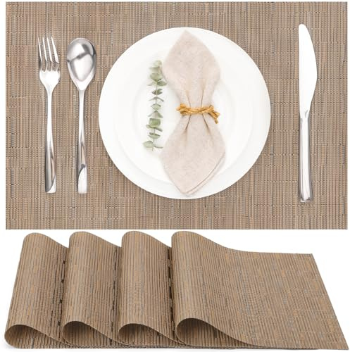 Myir JUN Tischsets abwaschbar Tischsets Platzsets abwaschbar Platzdeckchen | Gewebte Platzset 4er Set rutschfest hitzebeständig Vinyl für Küche Speisetisch Hotel Platz-Matten 30x43.5cm (Braun)