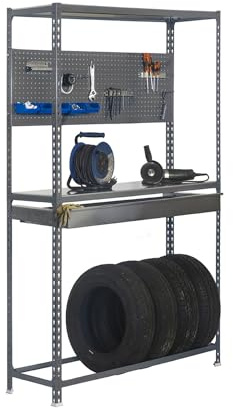 Simon Rack Simonauto Reifenregal, Reifenregal, inklusive Werkzeugtafel mit Zubehör, 2000 x 1000 x 400 mm, Regal für 4 Reifen, 1 Schublade, Grau