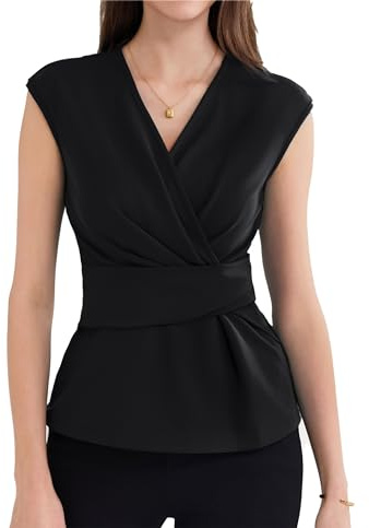 GRACE KARIN Women V Neck Ruffled Blouses Irregular Wrap Hem Stylish Shirt Casual Plus Size Xmas Tops Black M