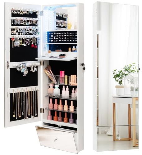 RELAX4LIFE Schmuckschrank Hängend, Spiegelschrank mit 3-farbigen LED-Lichtern & 2 Spiegeln & Schloss, Schmuckorganizer mit Klappbarem Ablagefach, Schmuckregal Wandmontage, Weiß