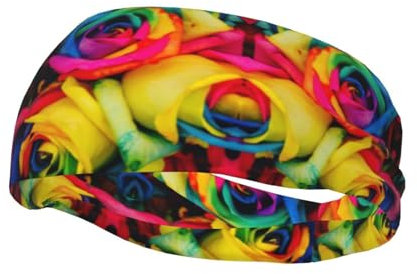 Stirnband mit Regenbogen-Rosen-Druck, für Damen und Herren, Workout-Schweißbänder, Sport, feuchtigkeitsableitende Stirnbänder